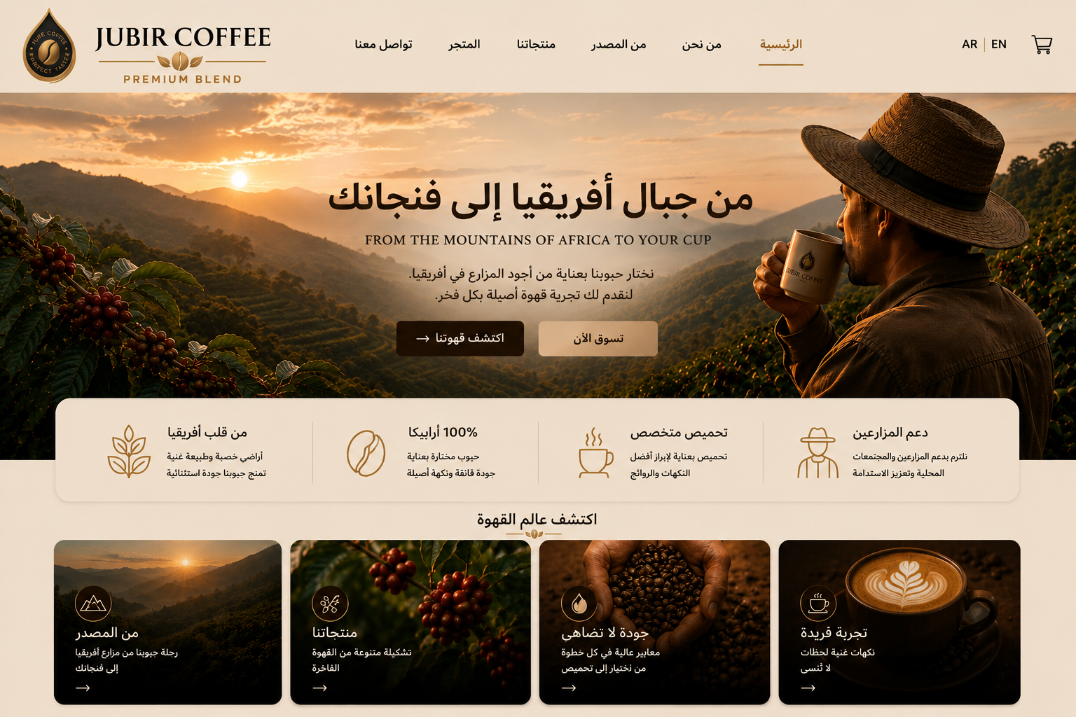 JUBIR COFFEE premium collection with coffee bag, cup, beans, and the Uganda origin story